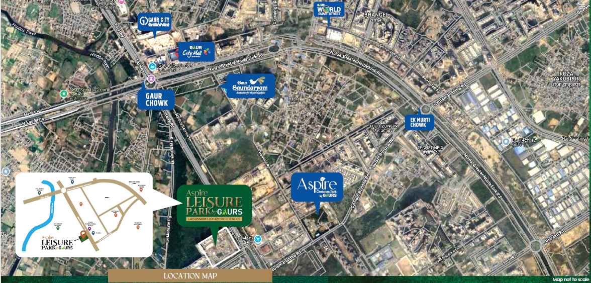 Satellite map showing Gaur Aspire Leisure Park location in Sector 1 Techzone 4 Greater Noida West near Gaur Chowk and Noida-Greater Noida Expressway